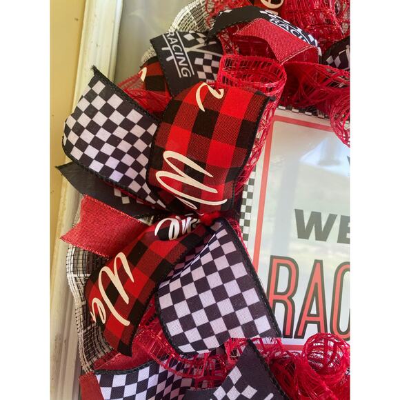 Welcome Race Fans Wreath | Racing Decor | Black, Red & White Checkered Flag - Picture 5 of 8
